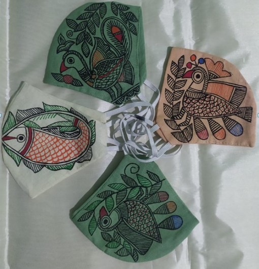 Set of 4 Cotton Masks with Madhubani hand paintings