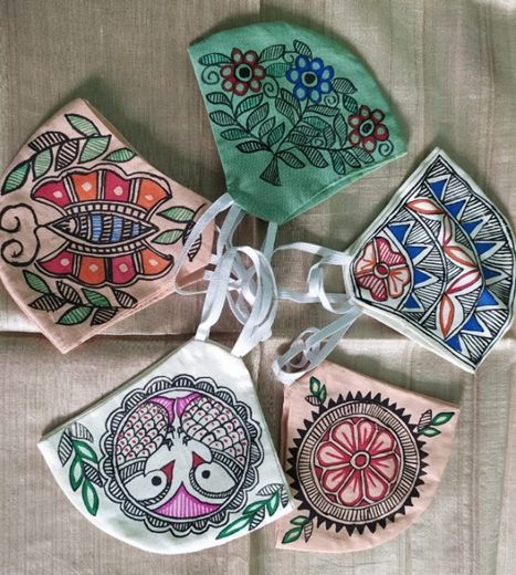Set of 5 Cotton Masks with Madhubani hand paintings.